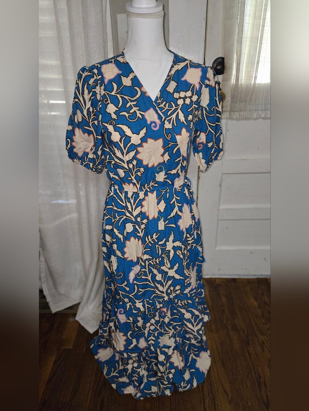 Knox Rose Blue Floral Wrap Maxi Dress with Cream & Pale Pink Accents